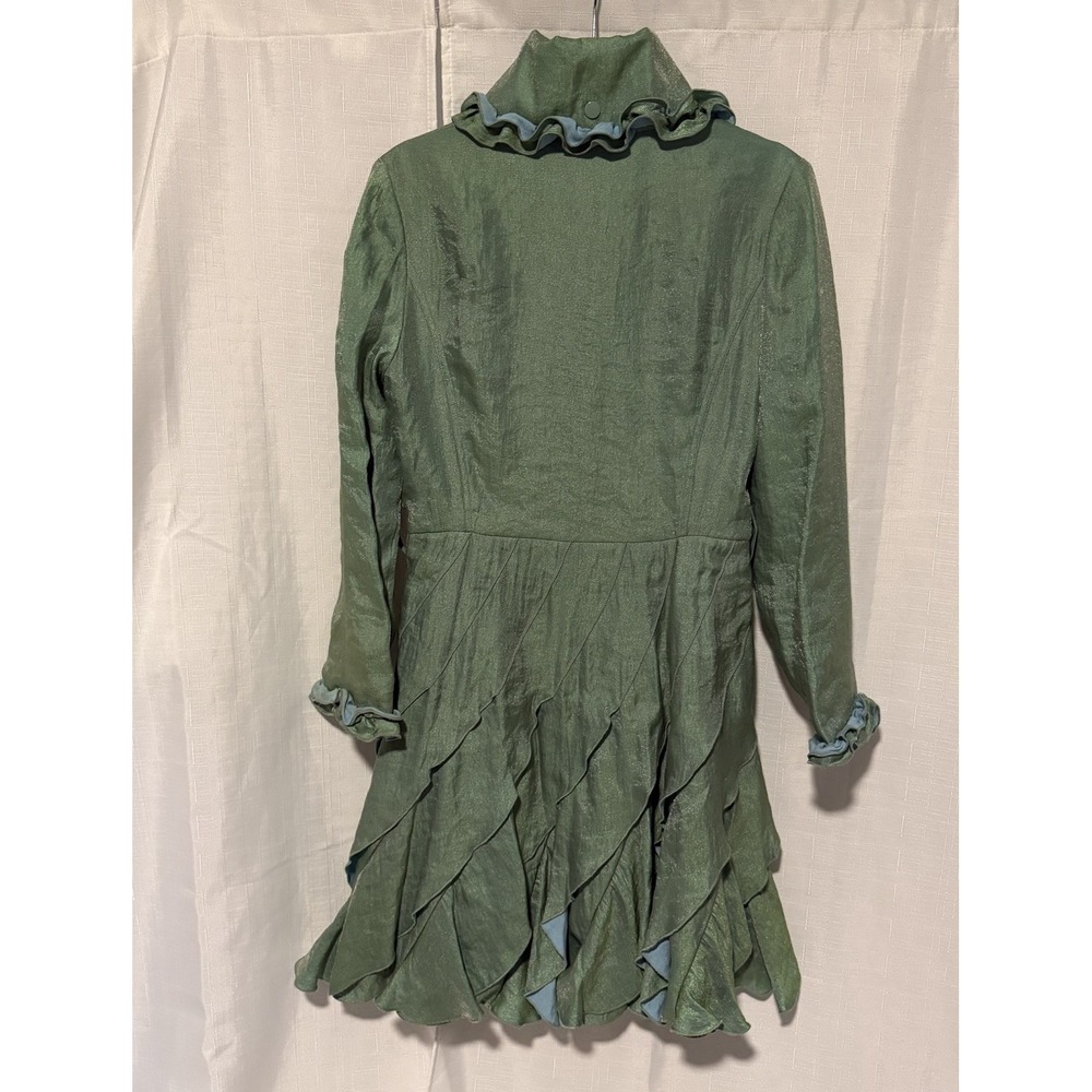 Samuel Dong Green Lagenlook Jacket Coat Dress Ruffle Trim Taffeta Avant Garde Sm - Picture 2 of 10